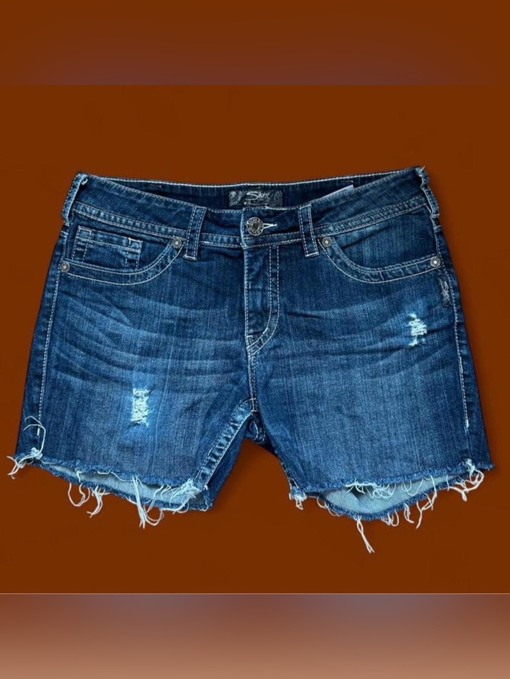 Silver Jeans Dark Blue Distressed Frayed Hem Denim Shorts
